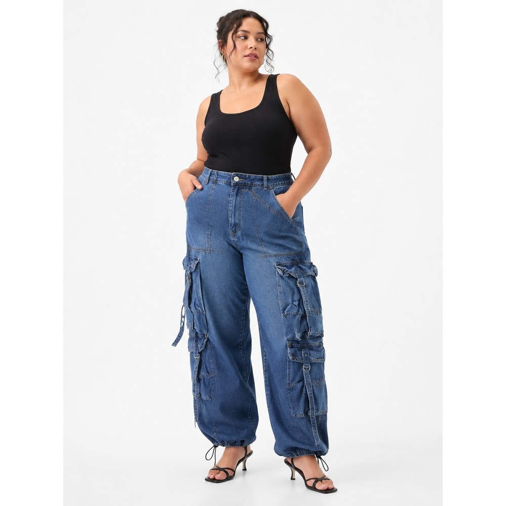 Kreamy Women Blue Denim Cargo Jeans XL Baggy Wide Leg Drawstring Y2K Streetwear